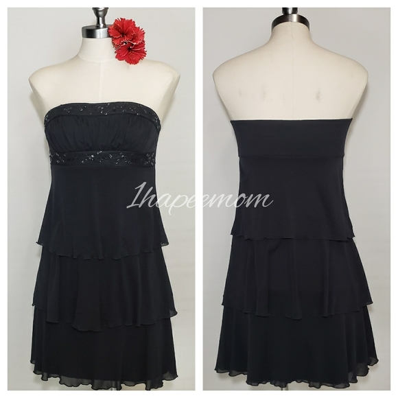 Black Strapless Dress Sequin Trim Layered Skirt - Picture 3 of 9